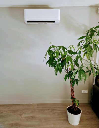 Climatisation design et intégrée dans un salon Climatisation murale intérieure au-dessus d’une plante verte